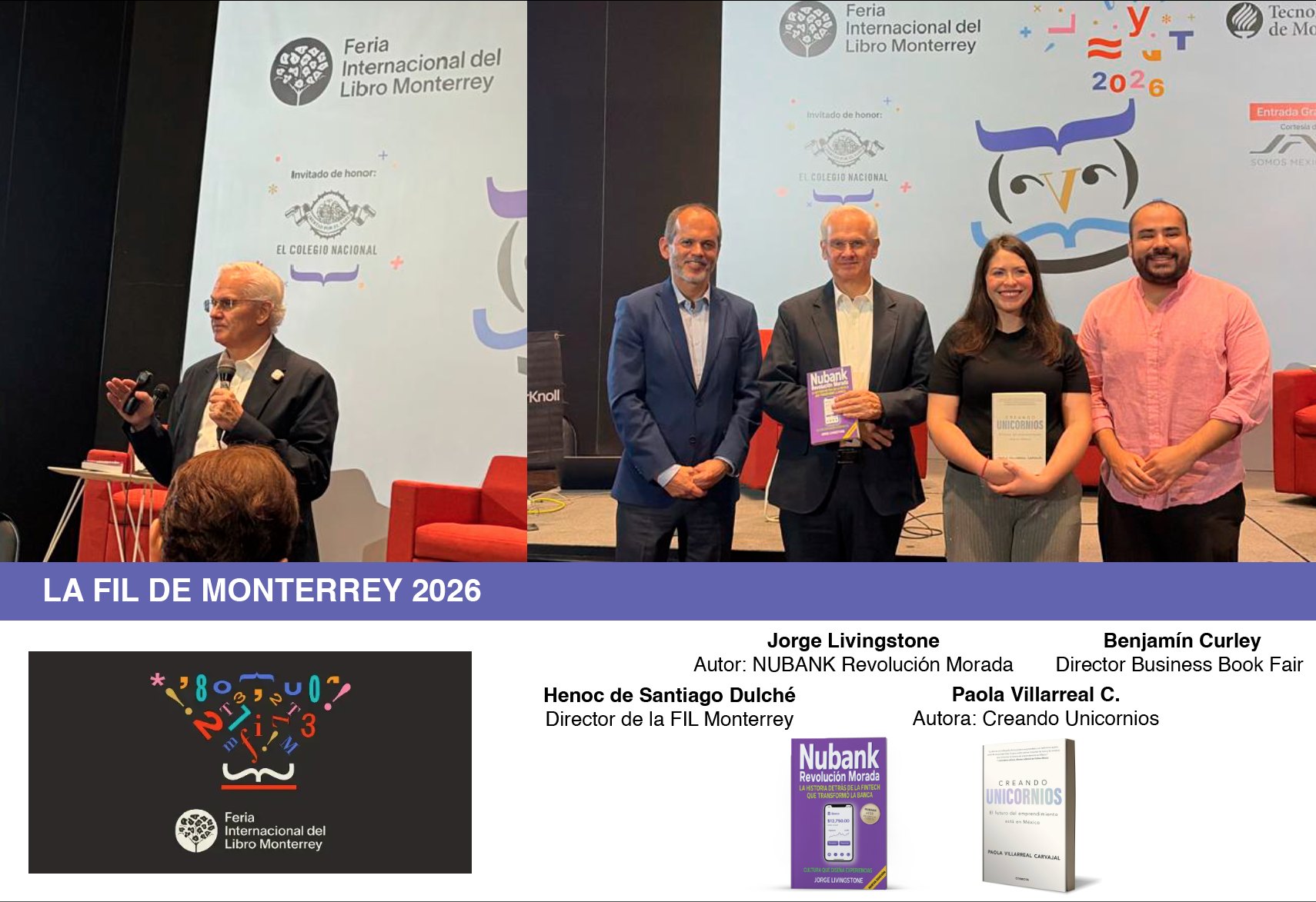 Jorge Livingstone Vaught en la FIL Monterrey 2026 con Nubank Revolución Morada, junto a Henoc de Santiago Dulché, Paola Villarreal C. y Benjamín Curley