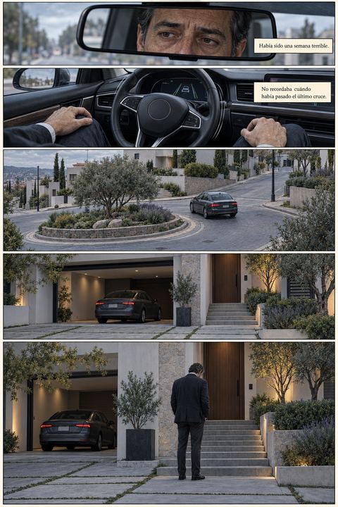 Martín maneja de regreso a casa y se estaciona frente a la puerta